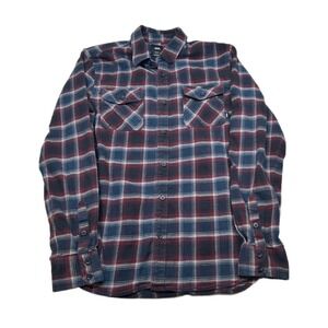 Vans Flannel Shirt Mens Medium Burgundy‎ Blue Plaid Tailored Fit Long Sleeve